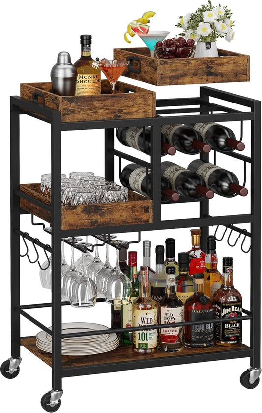 Bar Cart, Home Bar Serving Cart, 3-Tier Kitchen Cart on Wheels, Rolling Beverage Cart with Wine Rack and Glass Holder, Brown BC01BB037