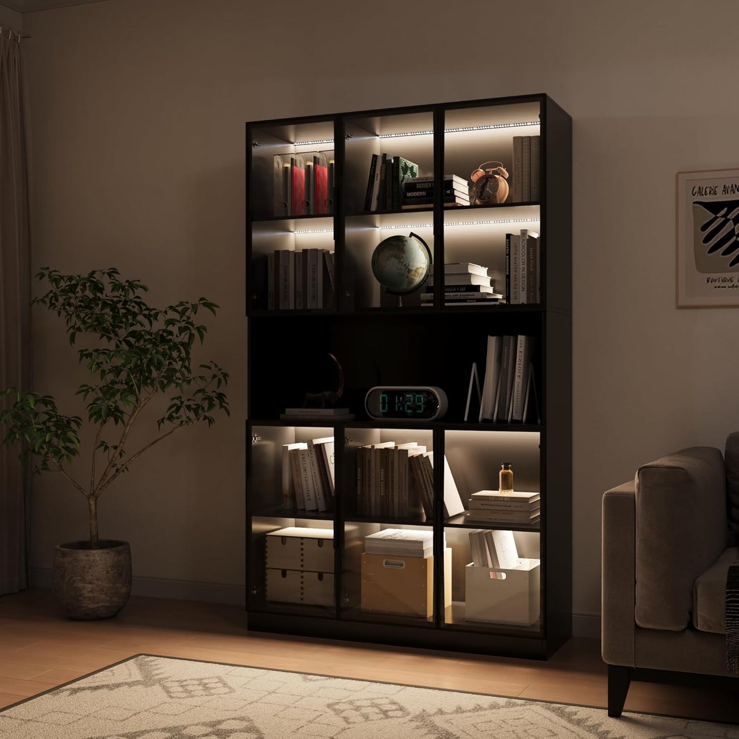 78.7" H Display Cabinet with 6 Glass Doors and Lights, Storage Cabinets Modern Bookcase with Hutch for Collectible, Display Case Trophy Case, Black