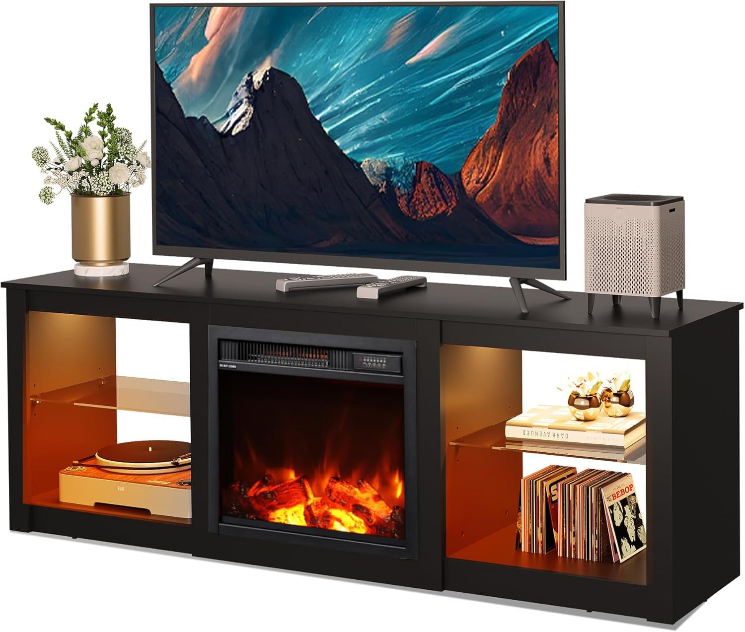 Fireplace TV Stand for up to 65 Inch Tvs, Modern LED Entertainment Center with Electric Fireplace Heater & Adjustable Glass Shelves, Sturdy Media Console for Living Room, Bedroom,Gaming (Black)