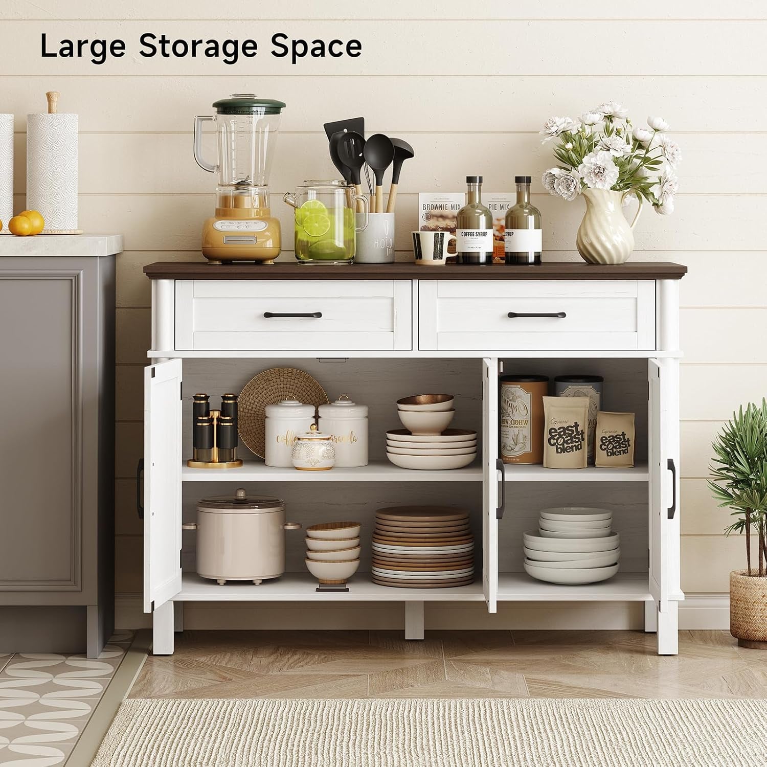 48 Inches Buffet Cabinet with Storage, Farmhouse Sideboard Buffet W/2 Drawers and 3 Doors, Wood Coffee Bar Cabinet with Adjustable Shelves, Sideboard Storage for Kitchen, Living Room, off White