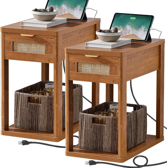Narrow Side Table Set 2 with Charging Station, 24X14''Rattan Night Stand with Drawer Storage,Bedside End Table with Metel Handle for Small Spaces, Wood Boho Nightstand for Living Room Bedroom