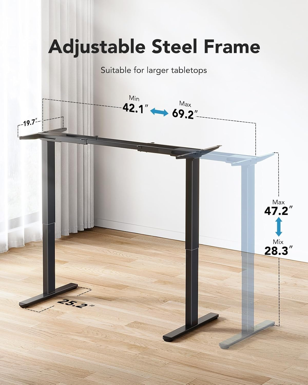 Electric Standing Desks Frame with 265 Lbs Dual Motor,Thick T-Shaped Desk Legs Made of Automotive Grade Steel,For Max 90″X31.5″ Desktop, Height Adjustable Desk Frame for Home Office, Frame Only