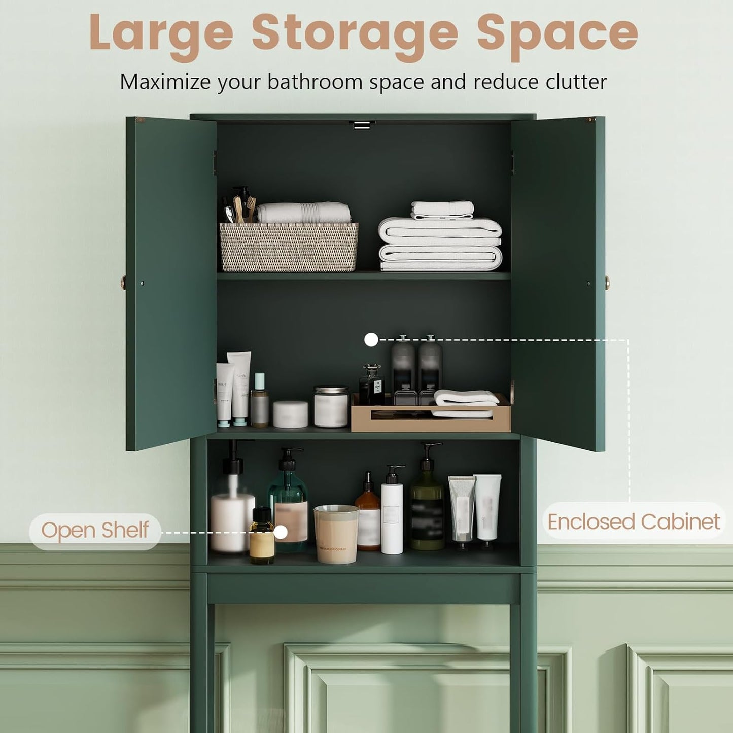 over the Toilet Storage Cabinet, above Toilet Bathroom Organizer with Fluted Doors, Adjustable Shelf & Bottom Bar, Tall Freestanding Rack Space Saver over Toilet (Green)