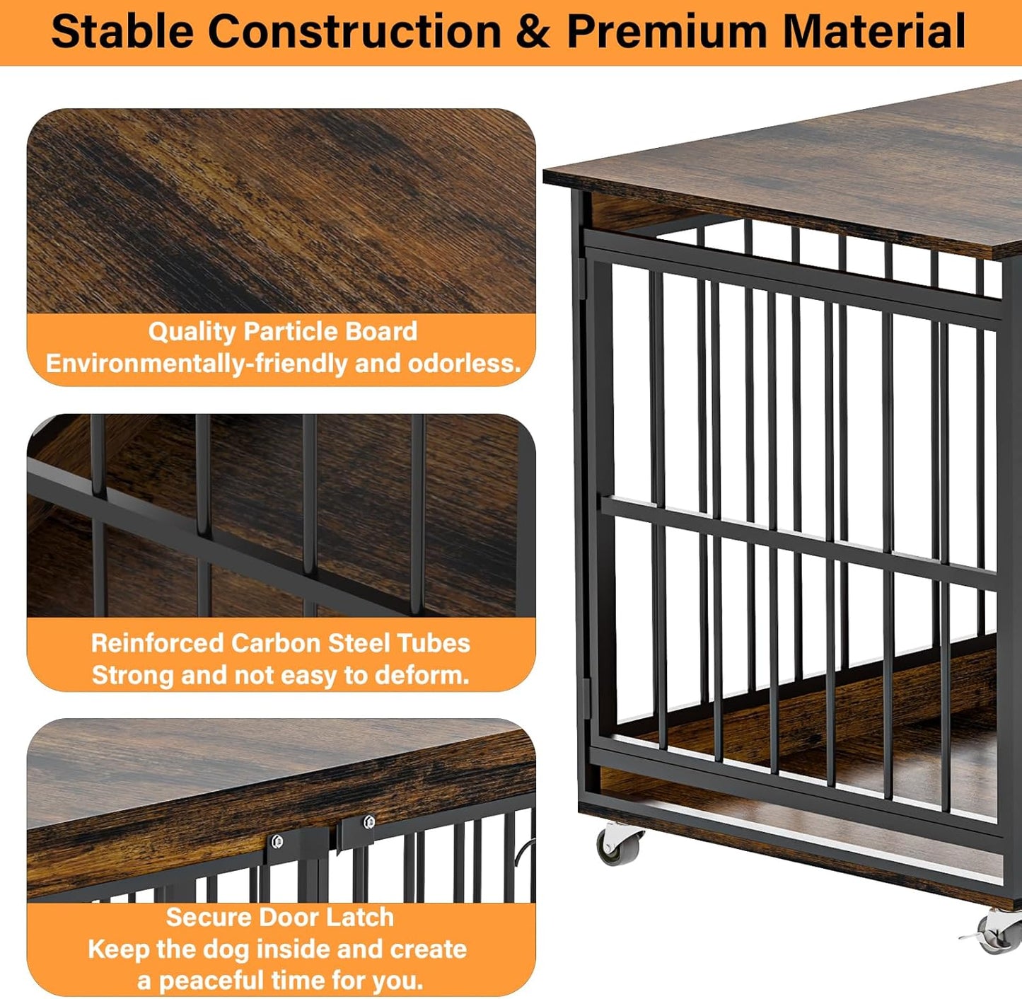 Dog Crate Furniture, 48 Inch Dog Crates for Medium/Large Breed, Farmhouse Wood Metal Kennel Indoor Heavy Duty Pet Cage with Caster Wheels (Brown)