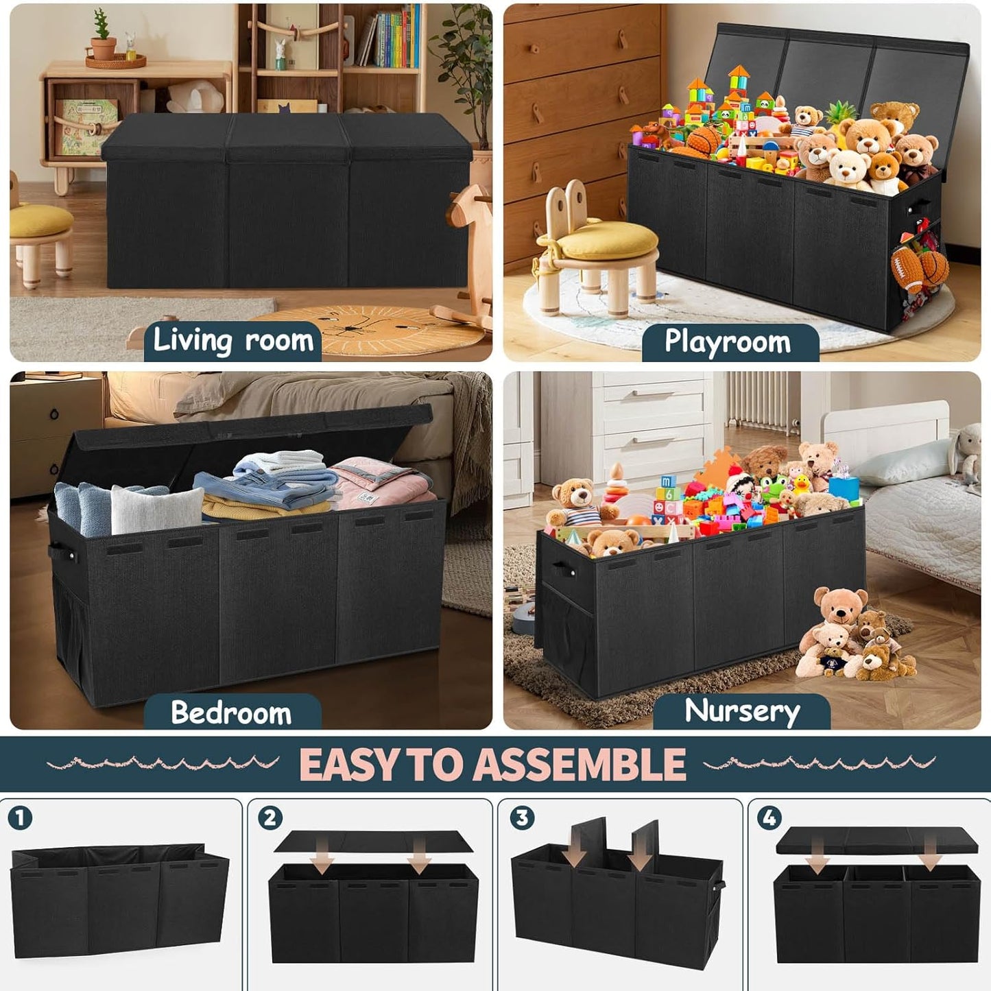 Extra Large Toy Box with Lids - Sturdy Collapsible Kids Storage Organizer Big Bin Chest Basket with Dividers for Boys Girls, Bedroom, Nursery, Living Room, Playroom Organization, 38"X16"X14", Black