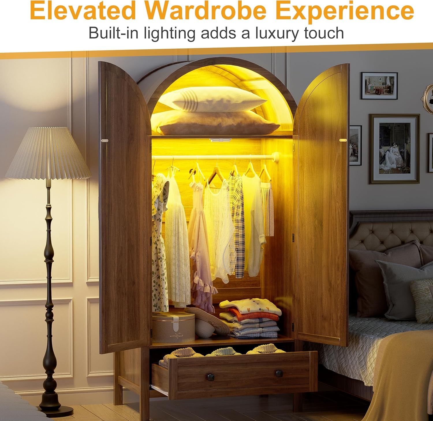 Armoire Wardrobe Closet with Drawers and 2 Arched Fluted Doors, 70.9‘’ Tall Wooden Bedroom Armoires with LED Light & Shelves and Hanging Rod(Brown)