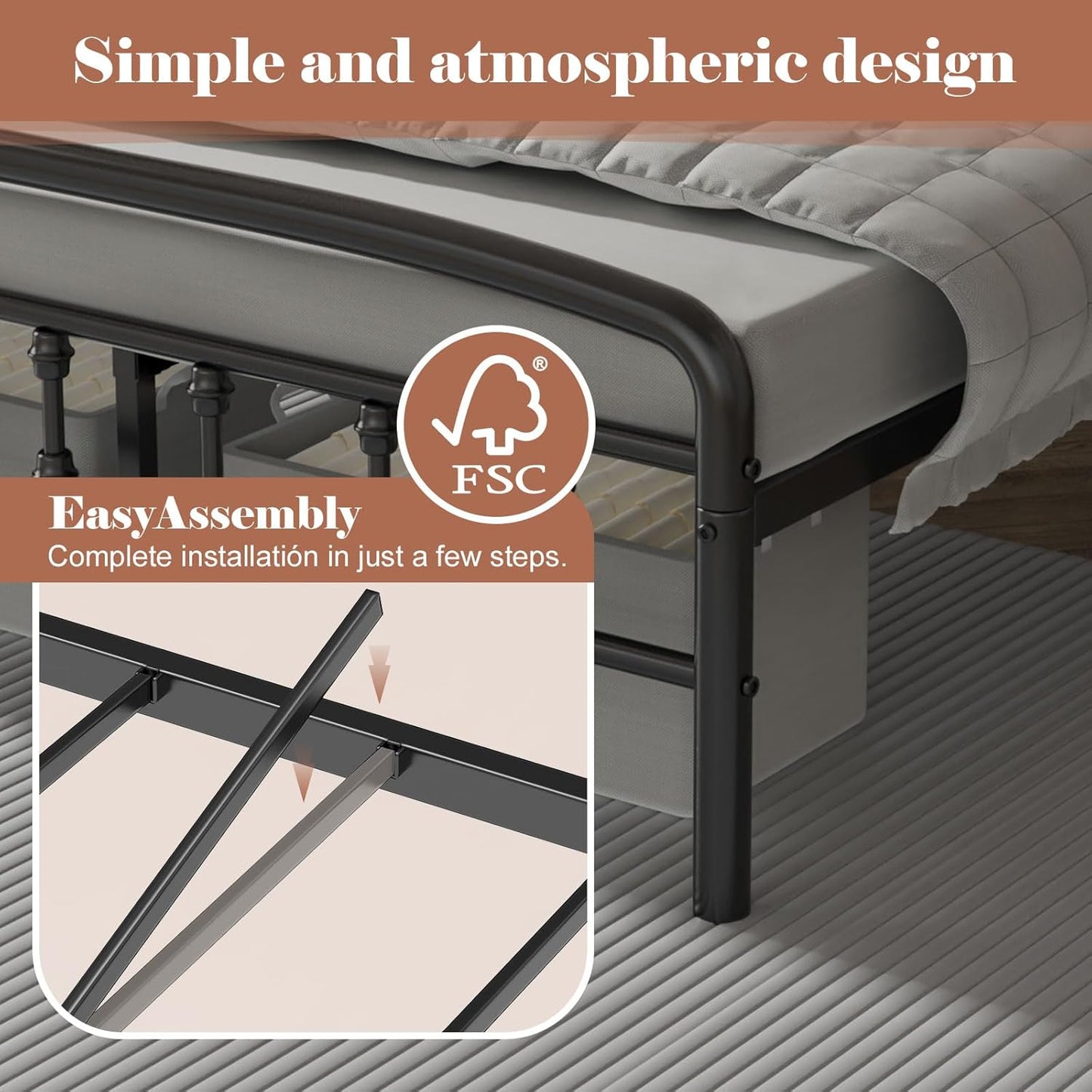 Metal Full Size Bed Frame with Headboard,Victorian Style Headboard and Footboard, No Squeak, Heavy Duty 1500Lbs Support, Easy 20-Min Tool-Free Assembly, No Box Spring Needed/Underbed Storage