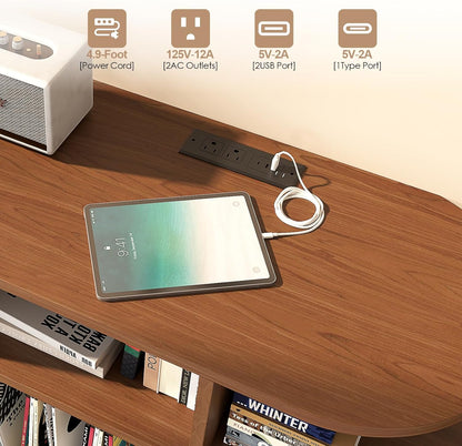 Solid Wood Large Circular Record Player Stand, Vinyl Record Storage Cabinet, Record Player Stand with Power Strip and USB Port, Suitable for Bedroom and Living Room (Walnut, Large)