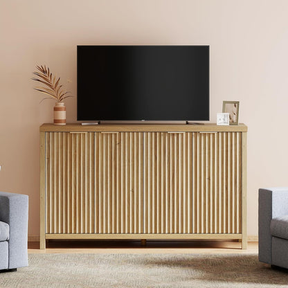 Buffet Cabinet Fluted Sideboard 56" Accent Cabinet with Adjustable Shelves 4 Doors Modern Storage Credenza for Living Room Kitchen Hallway,Golden Oak