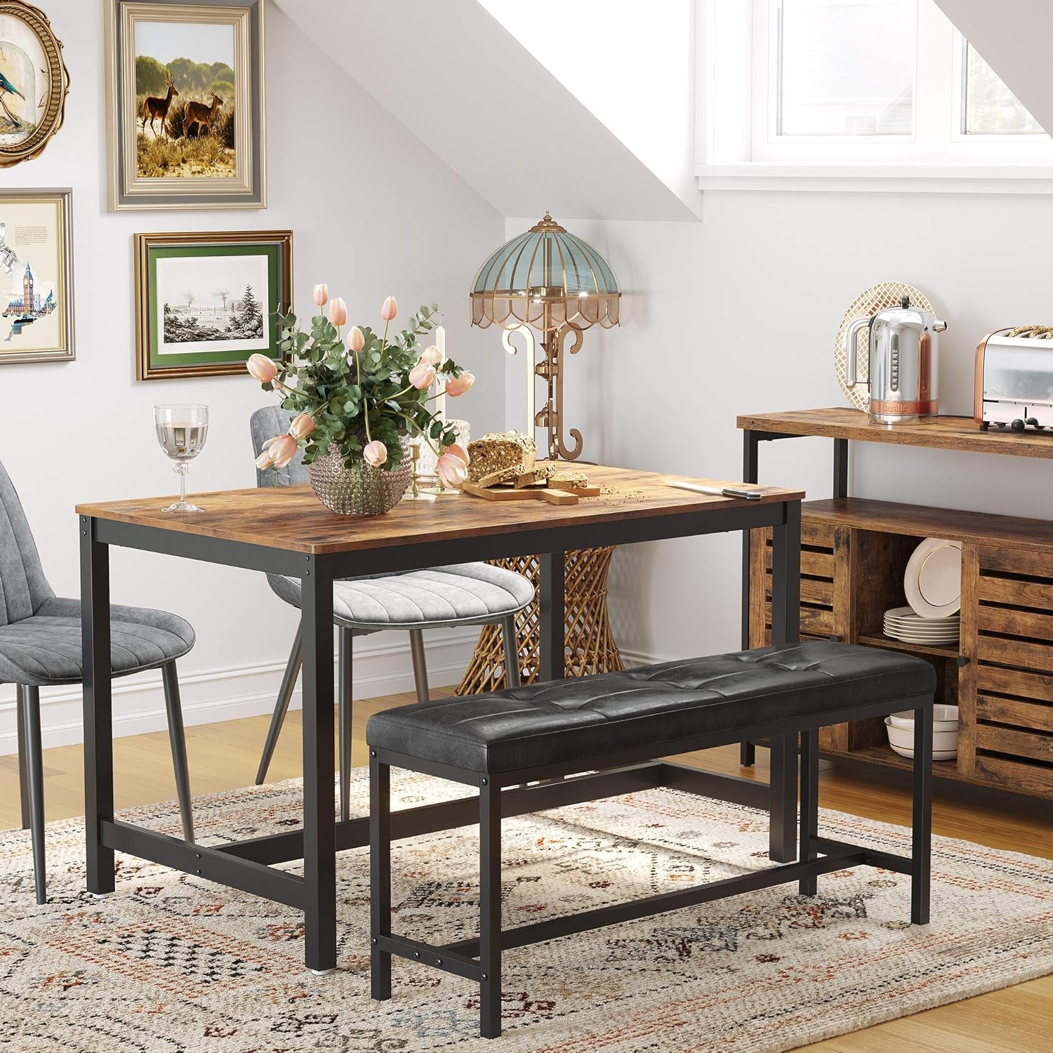 Dining Table Bench, Ottoman Bench with PU Leather Padded Seat, Steel Frame, 42.5 X 12.8 X 18.9 Inches, for Dining Room, Living Room, Hallway, Bedroom, Black UKTB034B81