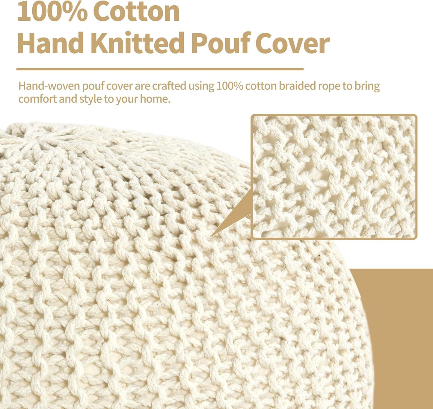 Unstuffed Ottoman Pouf Cover, 100% Cotton Handmade Knitted Ottoman Pouf Cover round Foot Stool, Floor Bean Bag Chair, Foot Rest with Storage for Living Room Bedroom, Beige(Cover ONLY NO Filler)