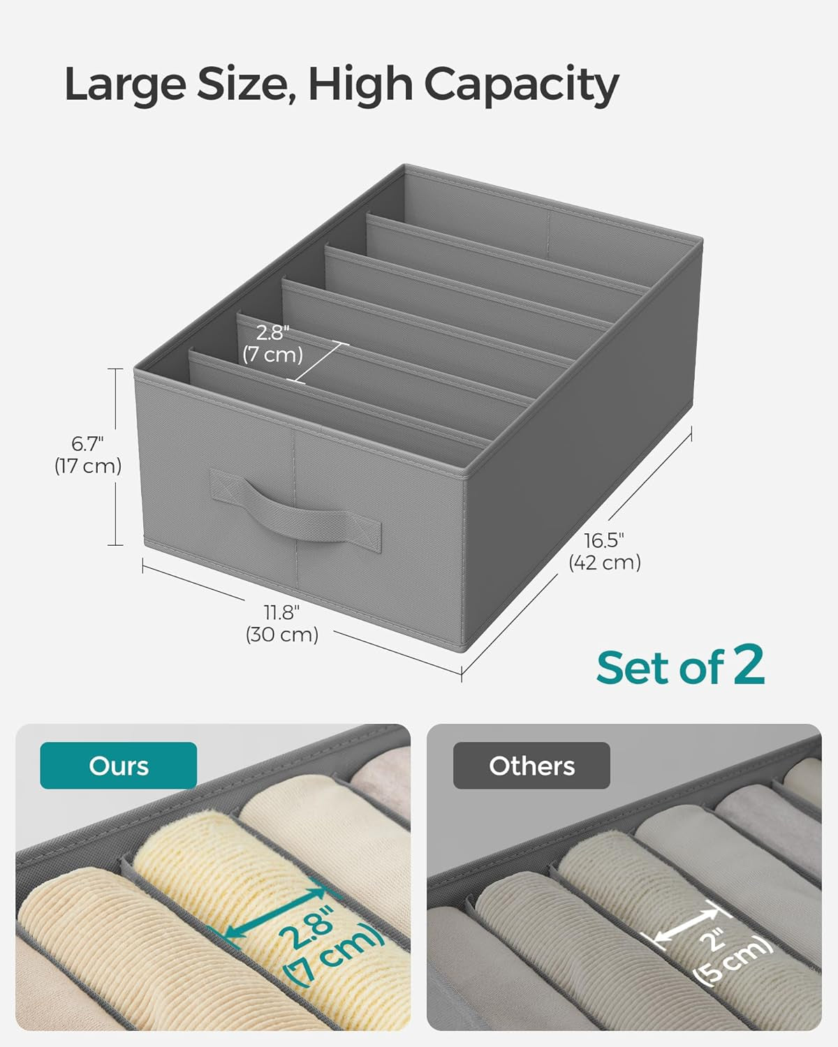 Set of 2 Large Size Wardrobe Clothes Organizers, 6-Compartment Foldable Drawer Organizers with Handles, 16.5 X 11.8 X 6.7 Inches, for Pants, Sweaters, Jeans, Dove Gray URUS009G02