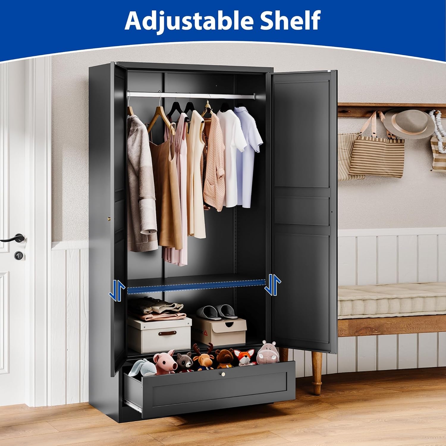 Metal Armoire Wardrobe Closet with 2 Doors 72'' Wardrobe Cabinet with Drawers and Hanging Rail Metal Closet with Adjustable Shelves for Bedroom. (Black, with 1Drawer)