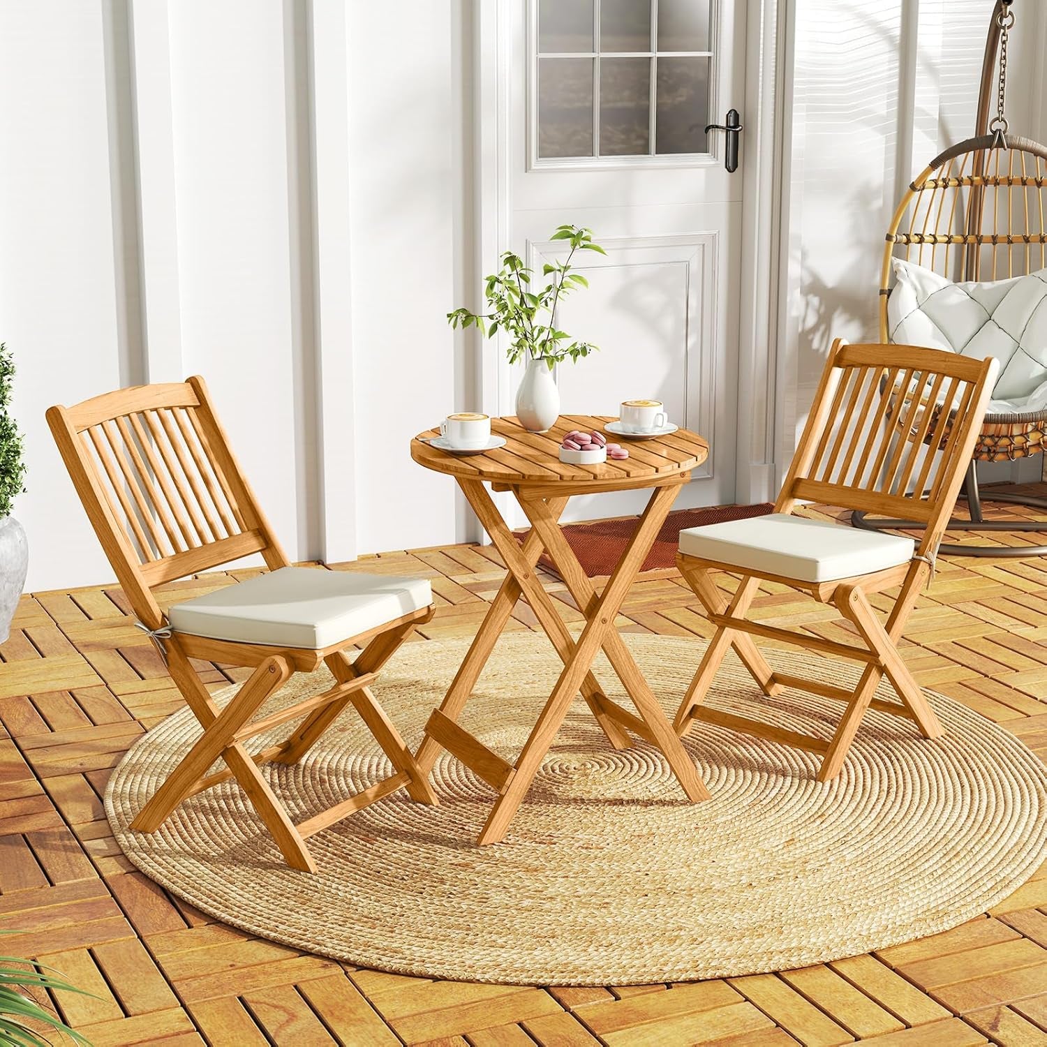 3 Pieces Acacia Wood Patio Folding Bistro Set, Outdoor Table and Chairs Set with Soft Cushions, Patio Furniture Set for Porch, Balcony, Garden, Deck and Backyard