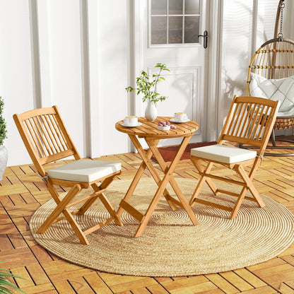 3 Pieces Acacia Wood Patio Folding Bistro Set, Outdoor Table and Chairs Set with Soft Cushions, Patio Furniture Set for Porch, Balcony, Garden, Deck and Backyard