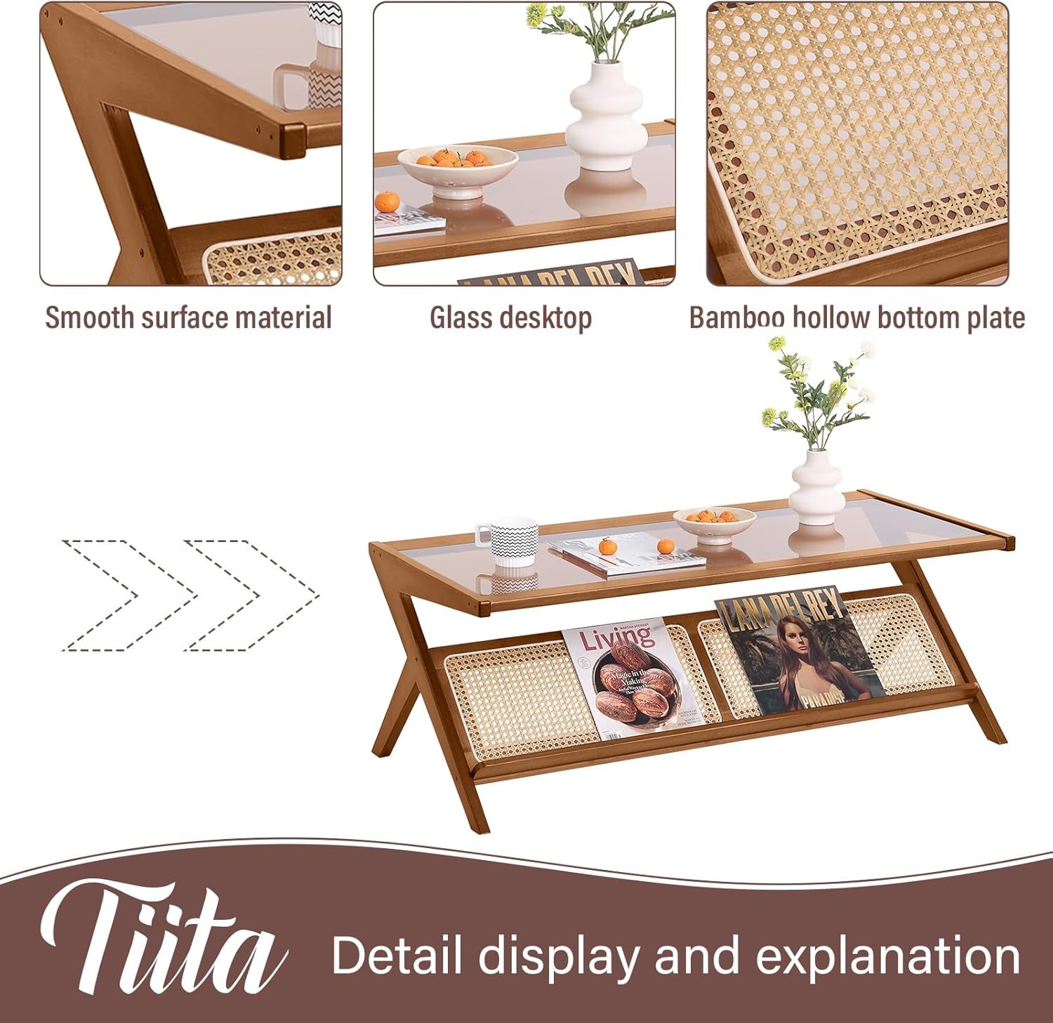 Rattan Coffee Table, Bamboo Accent Bedside Tables, Glass Nightstand Side Table, Boho Wooden End Table with Storage for Living Room,Living Room, Dining Room, Tea, Home Décor