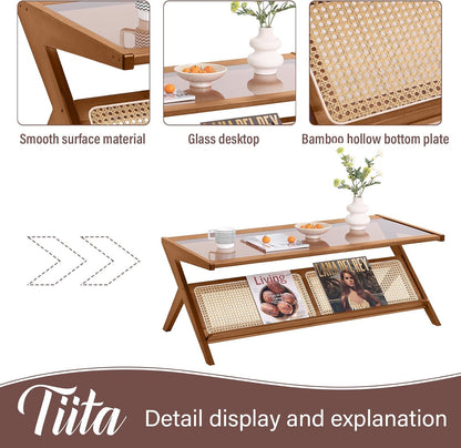 Rattan Coffee Table, Bamboo Accent Bedside Tables, Glass Nightstand Side Table, Boho Wooden End Table with Storage for Living Room,Living Room, Dining Room, Tea, Home Décor