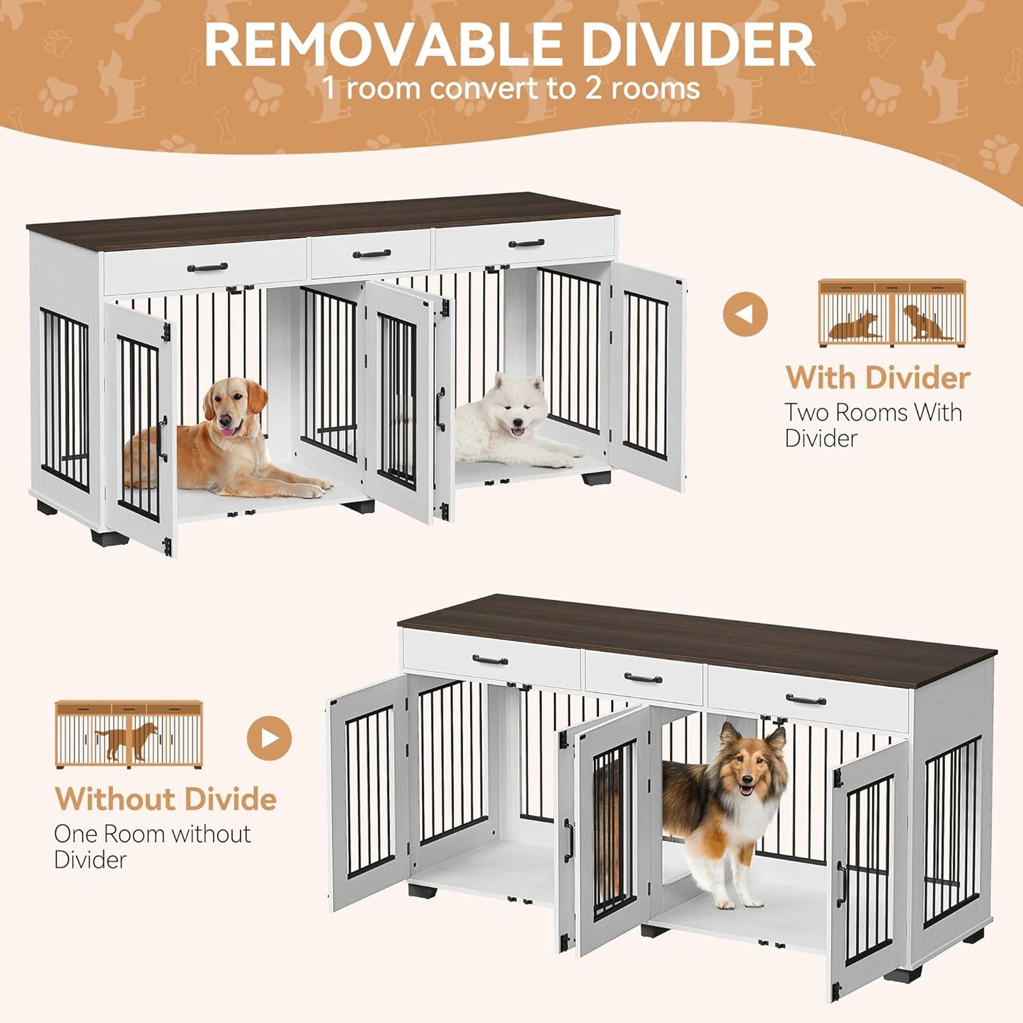 71'' Dog Crate Furniture, Wooden Indoor Dog Kennel for 2 Dogs with 3 Drawers and Removable Room Divider, XXL Double Dog Crate TV Stand End Table with Double Doors for Large Medium Dogs, Grey