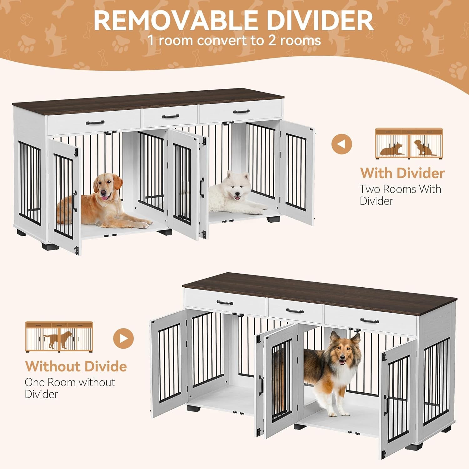 71'' Dog Crate Furniture, Wooden Indoor Dog Kennel for 2 Dogs with 3 Drawers and Removable Room Divider, XXL Double Dog Crate TV Stand End Table with Double Doors for Large Medium Dogs, Rustic Brown