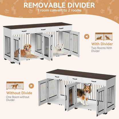 71'' Dog Crate Furniture, Wooden Indoor Dog Kennel for 2 Dogs with 3 Drawers and Removable Room Divider, XXL Double Dog Crate TV Stand End Table with Double Doors for Large Medium Dogs, Rustic Brown