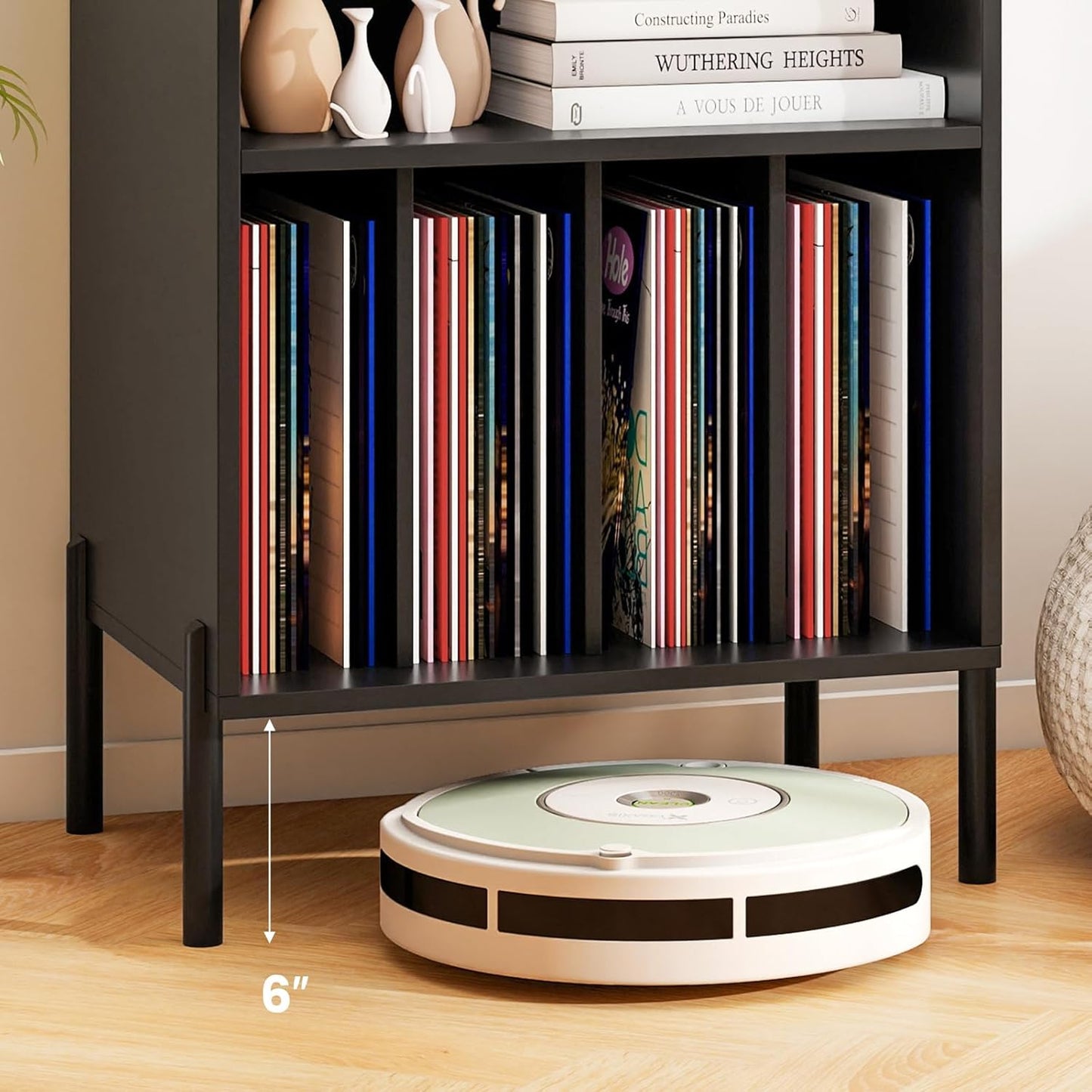 Record Player Stand, Turntable Side Table Nightstand W/Charging Station & Vinyl Record Storage Cabinet Holds up to 150 Albums, Record Player Holder for Living Room (Black, 31" H)