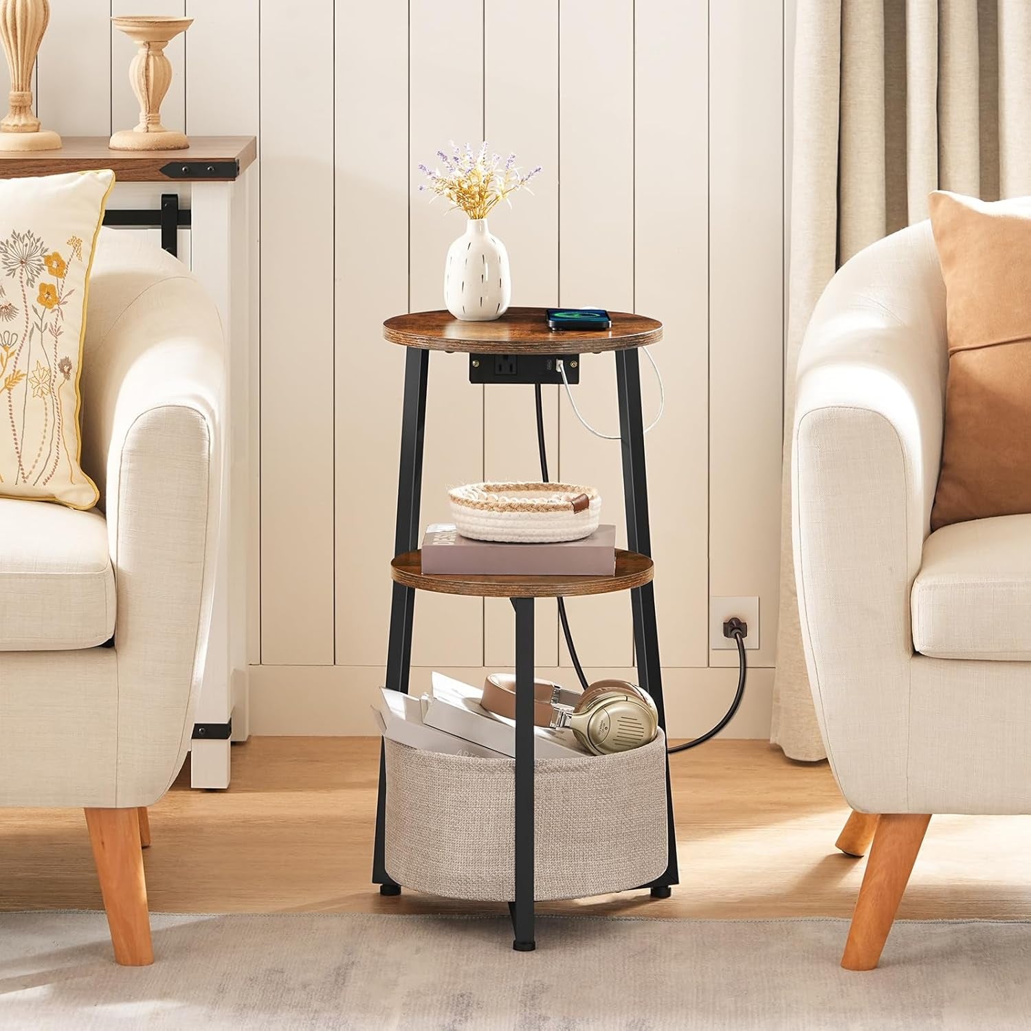 Small round Side Table with Charging Station, round End Accent Table with Storage Basket, Compact Sofa Bedside Table for Small Space in Living Room, Bedroom, Rustic Brown BF169UBZ01