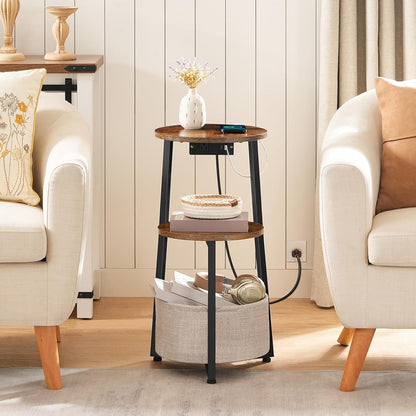 Small round Side Table with Charging Station, round End Accent Table with Storage Basket, Compact Sofa Bedside Table for Small Space in Living Room, Bedroom, Rustic Brown BF169UBZ01
