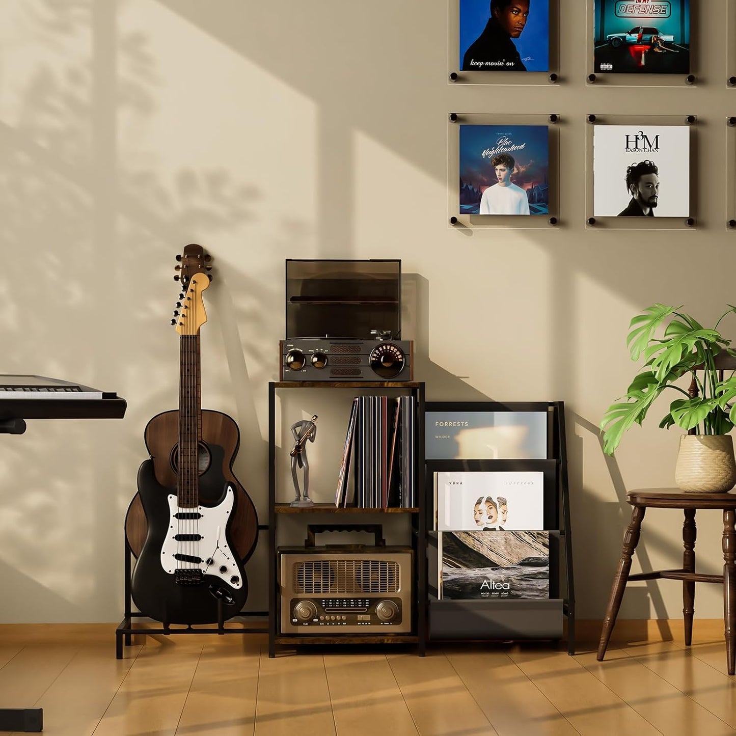 Record Player Stand with Guitar Rack, for Acoustic, Electric & Bass Guitars, 3 Tier Vinyl Record Storage up to 200 Albums, Record Shelf for Living Room and Bedroom