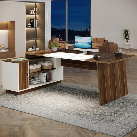 L-Shaped Executive Office Desk, 70.5-Inch Mid-Century Modern Executive Desk with Storage Cabinet and Shelves, Large Computer Desk for Home Office, Brown + White