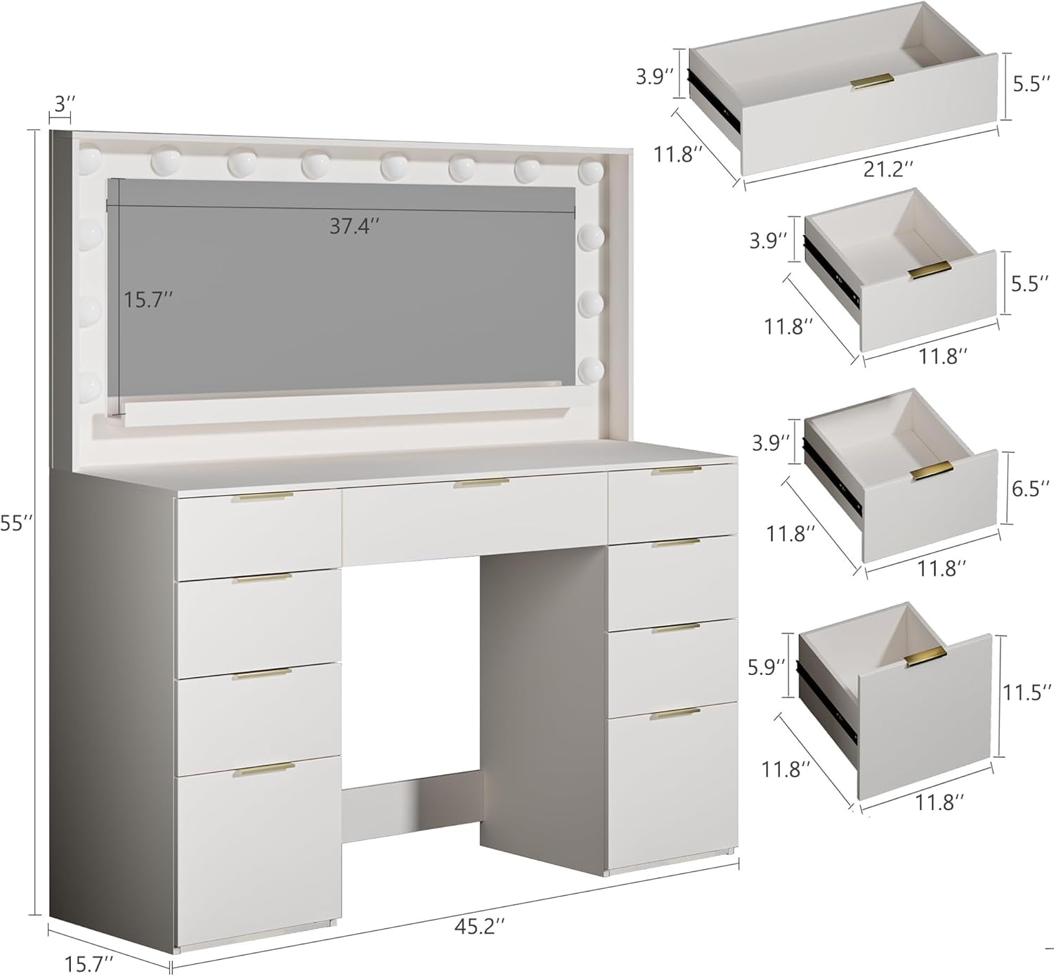 Vanity Desk with Large Mirror and Lights, 45.3In Makeup Vanity with Power Outlet 9 Drawers & Storage, 3 Lighting Color Adjustable, White Vanity Desk for Bedroom