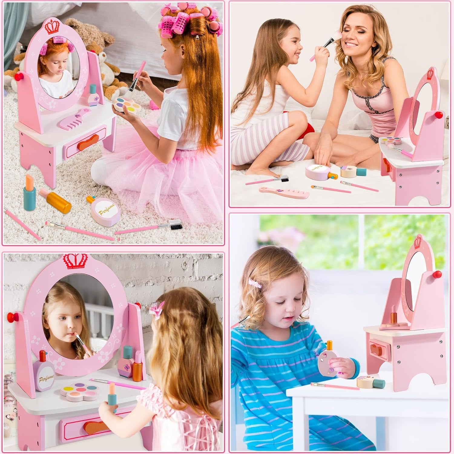 Wooden Vanity Set for Kids, Pretend Play Toddler Makeup Vanity with Acrylic Mirror, Beauty Salon Play Set for Little Girls Age 3+, Toys Gifts Includes Makeup Accessories and Bonus Stickers
