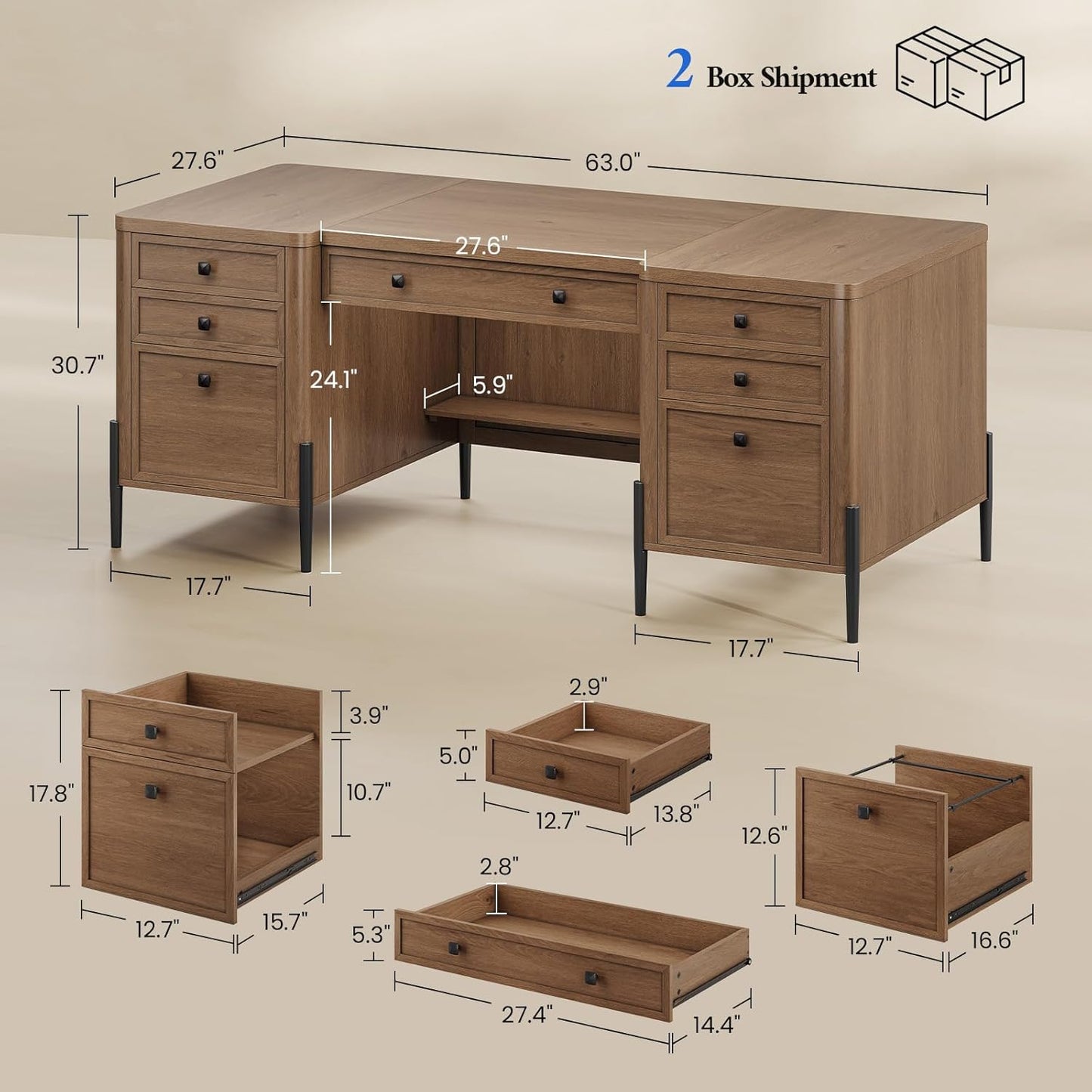 63" Executive Desk with 5 Drawers, Farmhouse Home Office Desks with 2 Storage Cabinet and Keyboard Tray, Large Boss Desk with Privacy Panel, Modern Table with Open Shelf and File Drawer