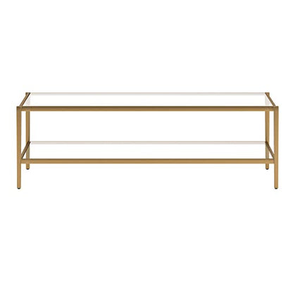 54" Wide Rectangular Coffee Table with Glass Shelf in Antique Brass, Modern coffee tables for living room, studio apartment essentials | Spacious dual-level design provides room for décor and essentials without overwhelming your space