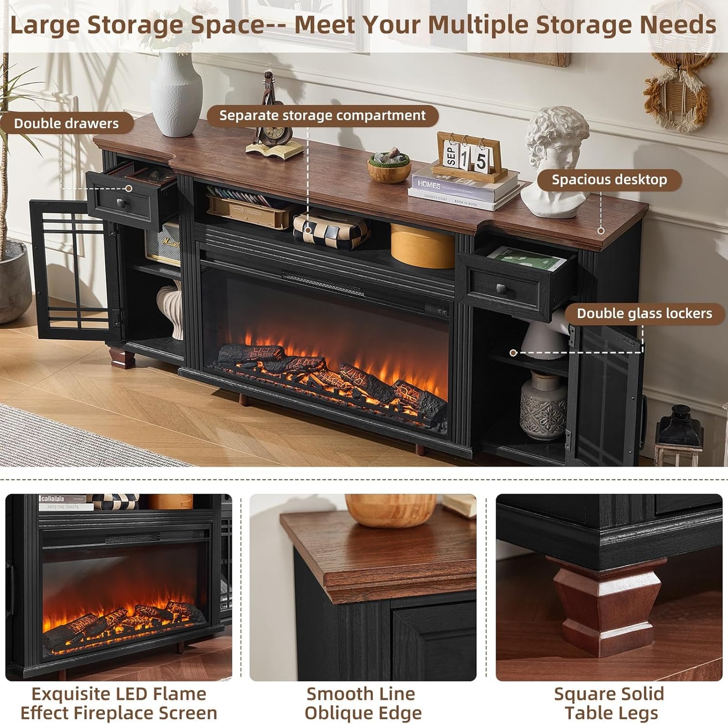 70" Fireplace TV Stand with 36”Silent Electric Fireplace, Farmhouse Entertainment Center for Tvs up to 80", 2 Drawers TV Console with Glass Door Cabinet, Black Tvs Cabinet for Living Room