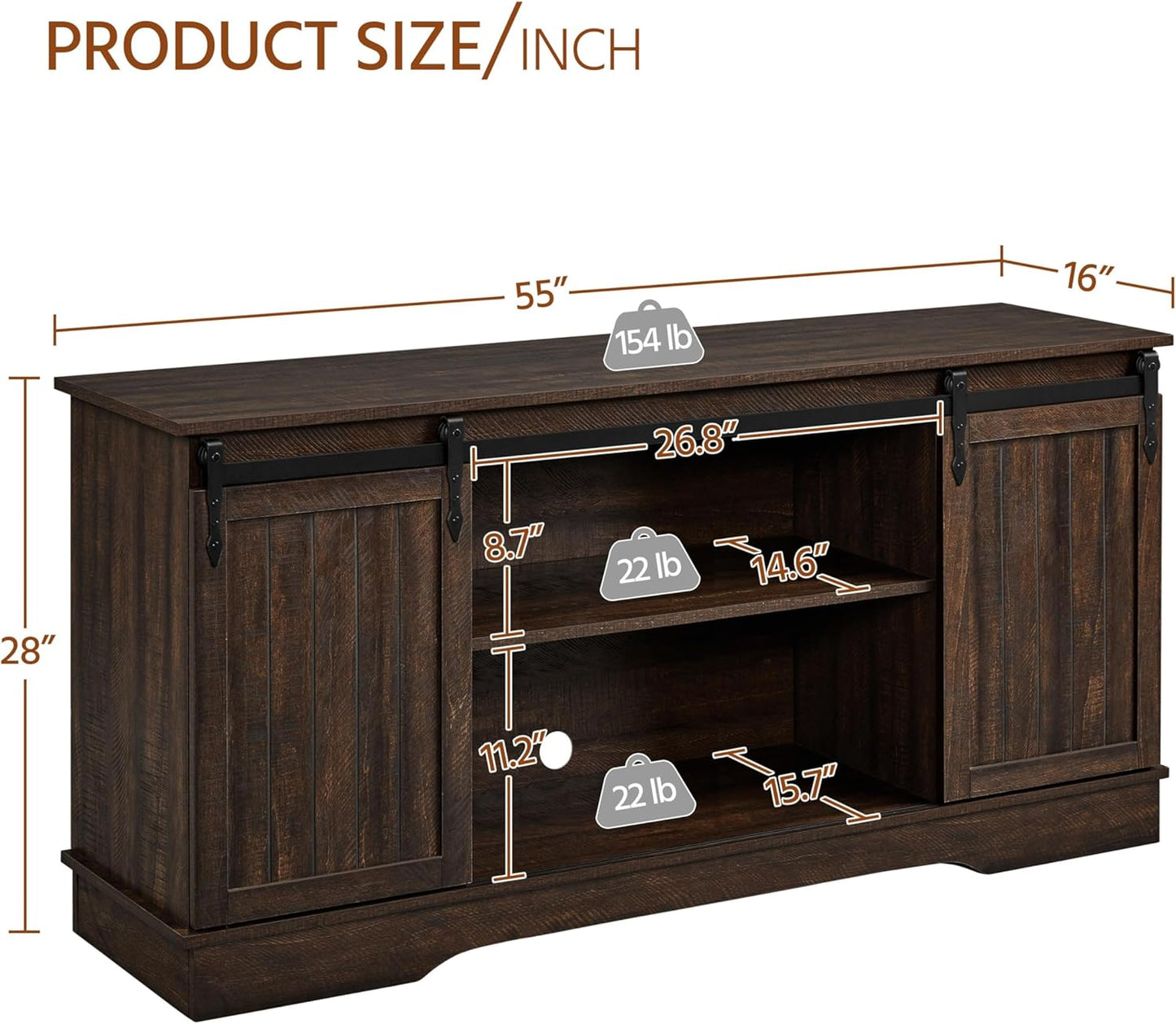 TV Stand for Tvs up to 65 Inch, Farmhouse Media Entertainment Center, 58'' TV Console Table with Adjustable Shelves & Sliding Barn Doors for Living Room, Dark Walnut