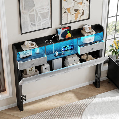 Headboard Queen Size with Storage, Queen Headboard Only with 2 Drawers, Charging Station and LED Lights, Upholstered Headboards Easy Assembly, Black&Grey