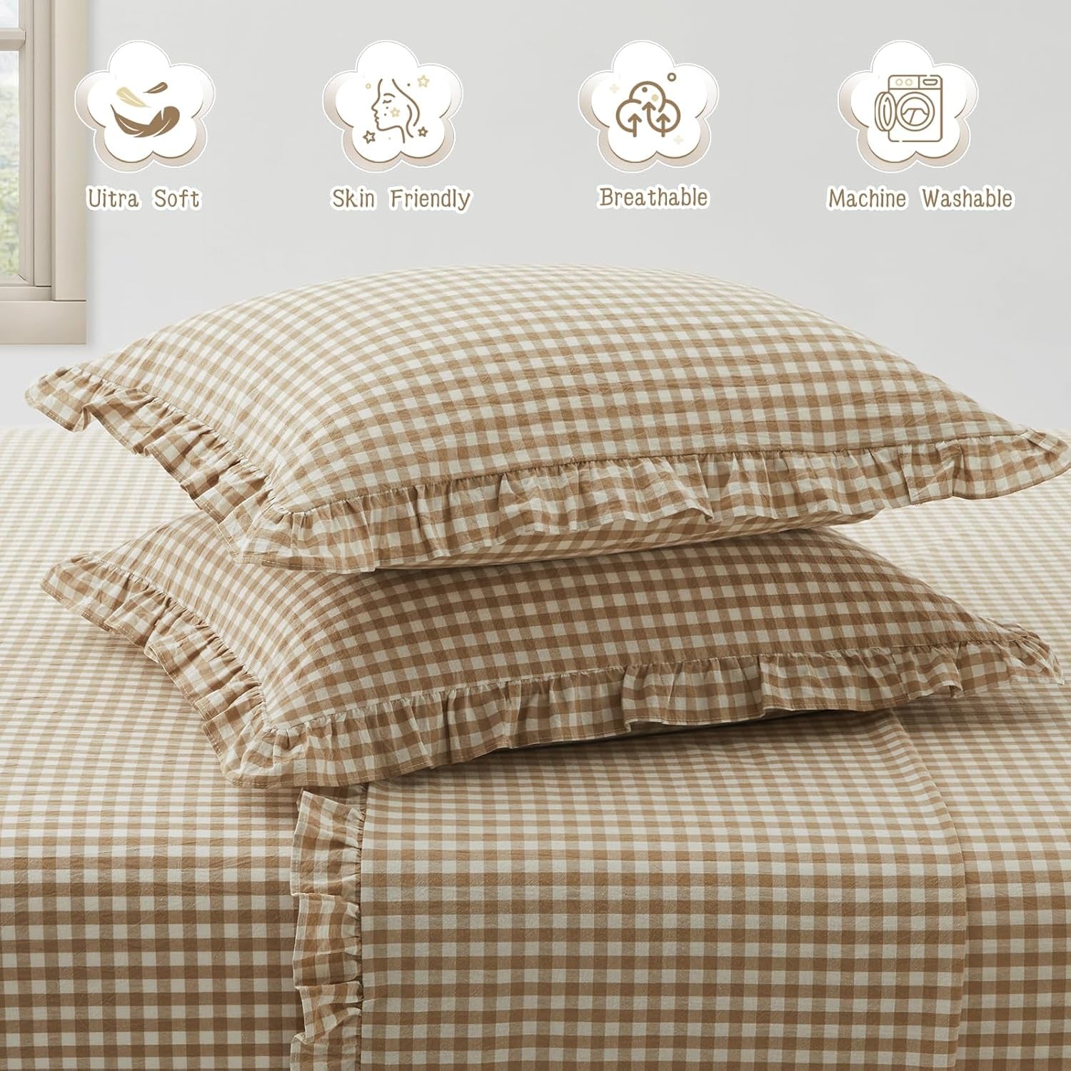 2 Pcs Plaid Ruffle Pillow Case King Size, Ruffled Gingham Cotton Pillowcases 20X36 Inch, Linen Feel Plaid Bed Pillow Shams with Envelope Closure for Sofa Bed (Taupe)