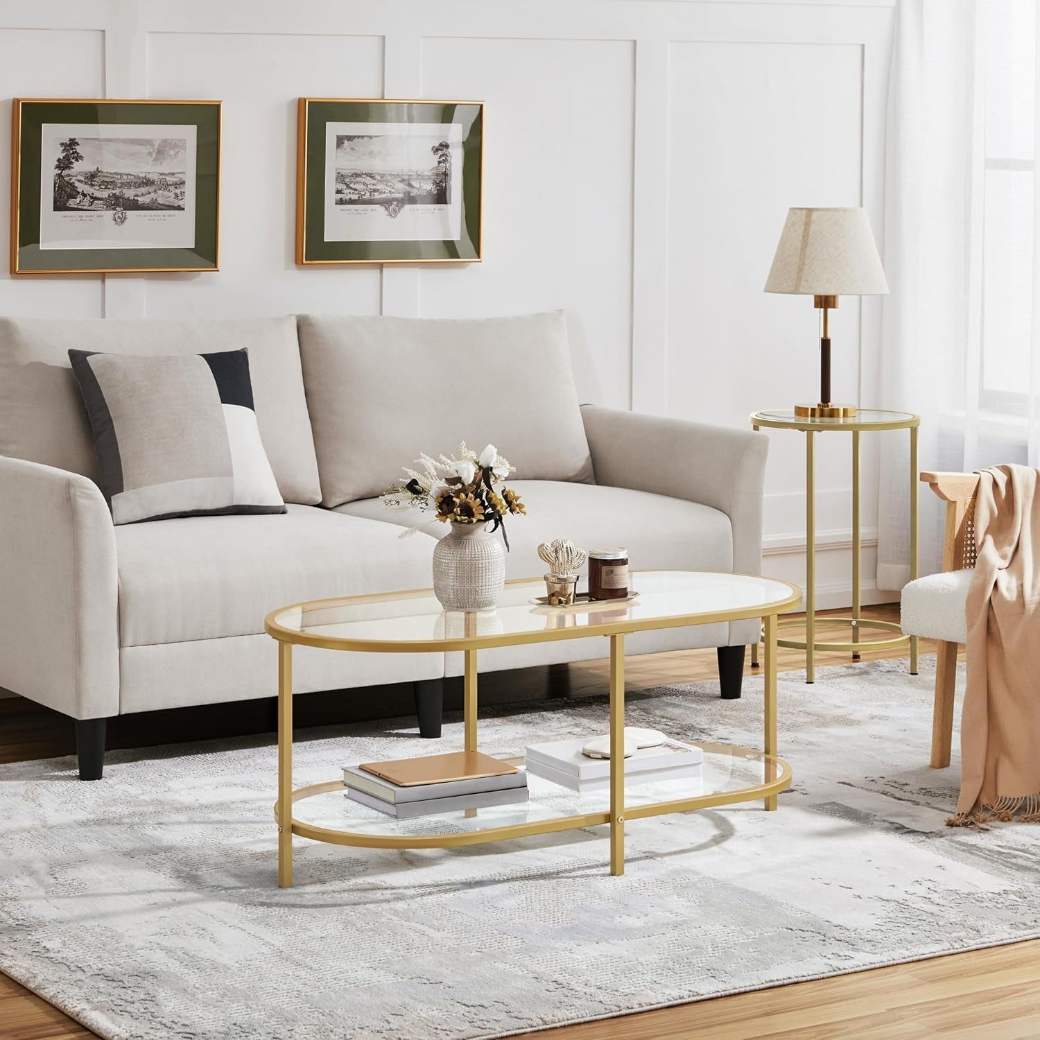42" Oval Glass Coffee Table for Living Room, 2-Tier Center Table with Storage Shelf for Small Space, Office
