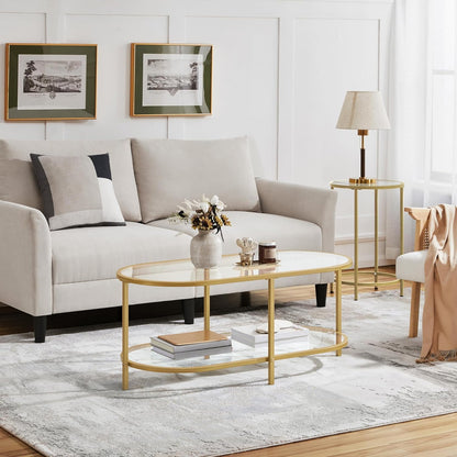 42" Oval Glass Coffee Table for Living Room, 2-Tier Center Table with Storage Shelf for Small Space, Office