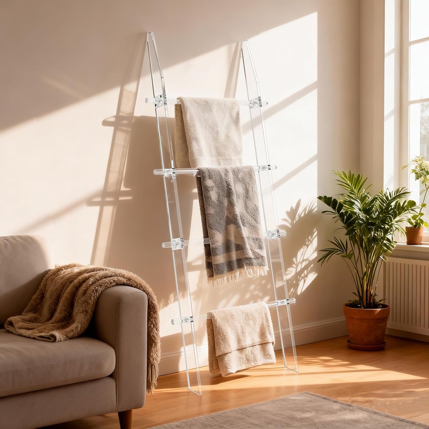 Blanket Ladder 5.6FT for Bathroom, 4 Tier Modern Decor Waterproof Blanket Holder for Living Room and Bedroom, Easy Assembly Clear Acrylic Ladder Shelf, Leaning Quilt Rack with anti Slip Pads