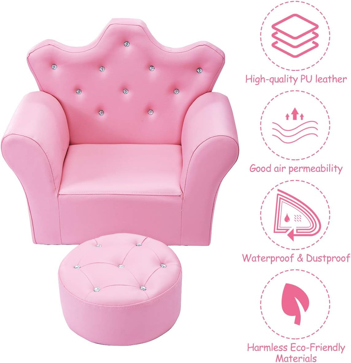 Kids Sofa, Children Upholstered Sofa with Ottoman, Princess Sofa with Diamond Decoration, Ottoman, Smooth PVC Leather Toddler Chair, Kids Pink Couch for Preschool Boys and Girls Gift (Pink)