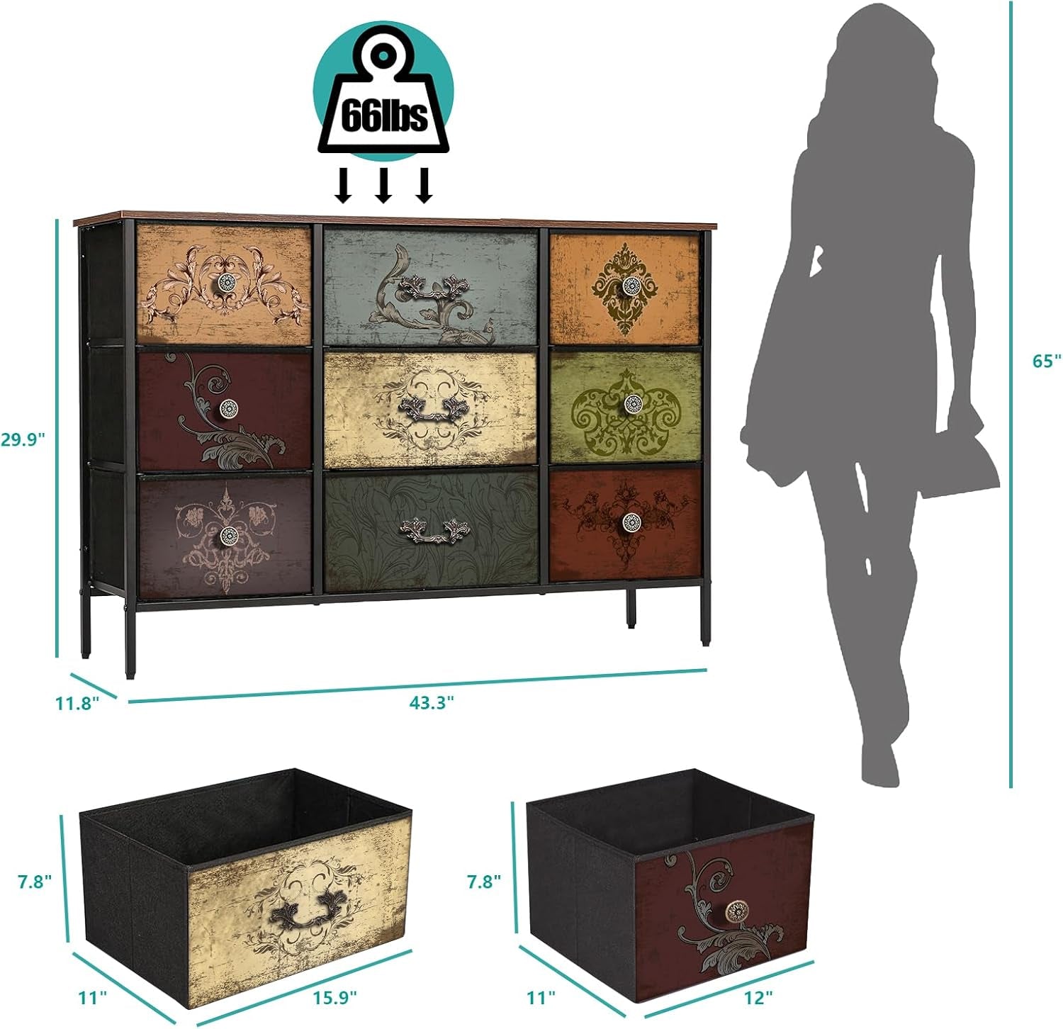 Dresser for Bedroom with 9 Deep Fabric Drawers, Wide TV Stand Storage Cabinet, Colorful Chest of Drawers for Closet, Nursery, Entryway, Hallway