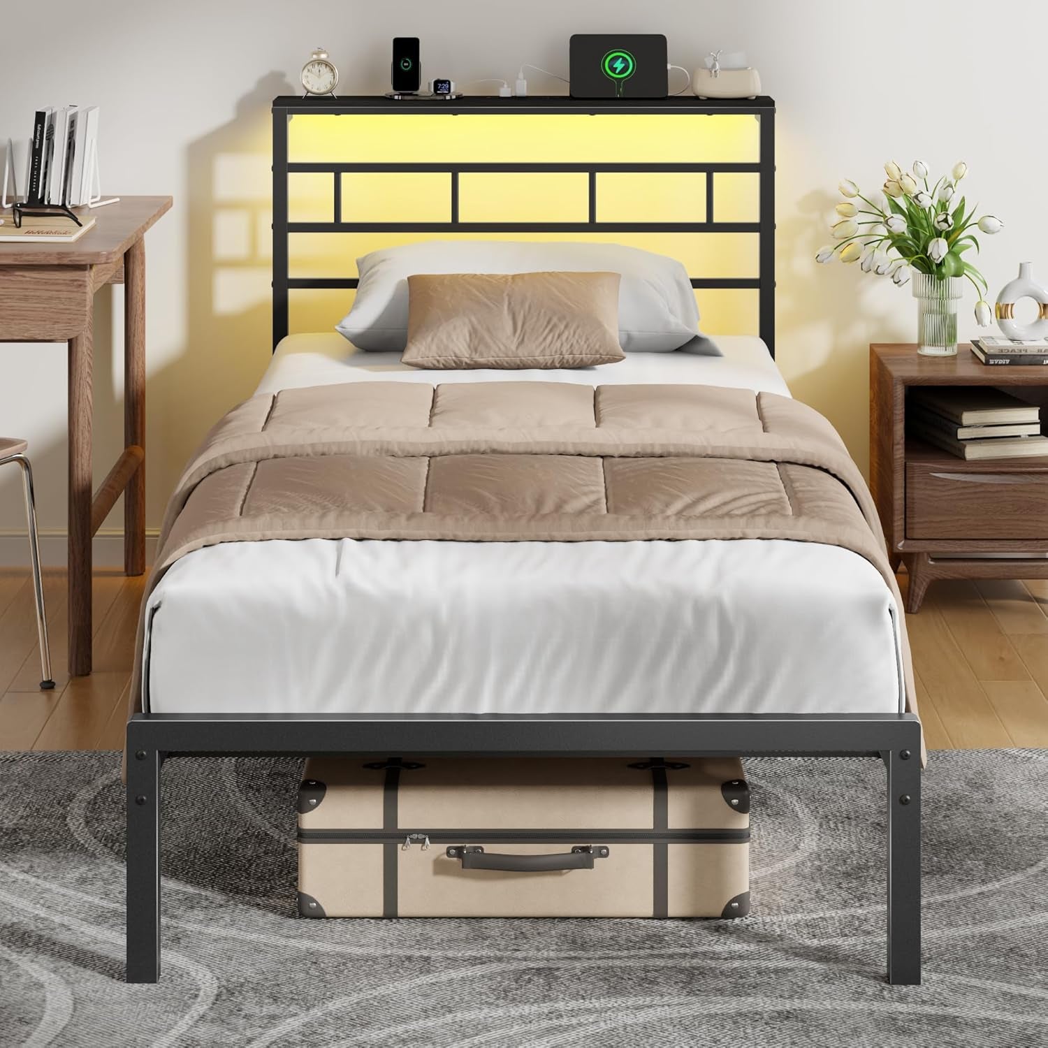 Twin Bed Frames with Built-In Charging Station and LED Light, Metal Platform Bed with Headboard and Storage Shelf, Noise-Free, No Box Spring Needed, Black