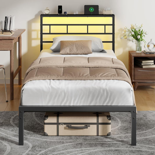 Twin Bed Frames with Built-In Charging Station and LED Light, Metal Platform Bed with Headboard and Storage Shelf, Noise-Free, No Box Spring Needed, Black