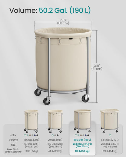 50.2-Gallon (190 L) Laundry Basket with Wheels, Rolling round Heavy-Duty Laundry Hamper Cart with Steel Frame and Removable Bag, 2 Locking Wheels, Cream White and Metallic Silver URLS01MZ
