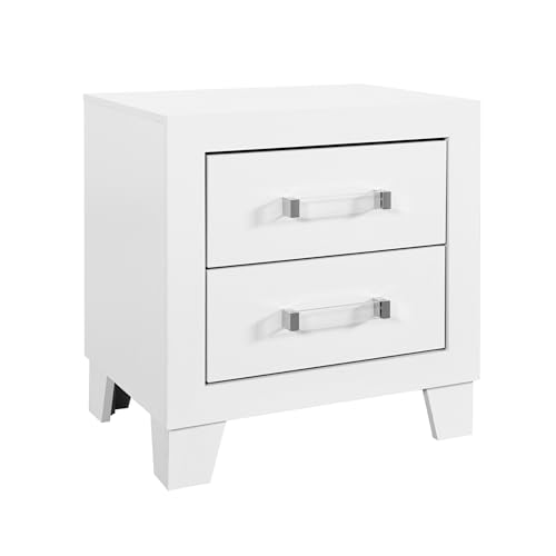 Modern White Nightstand with Sleek Acrylic Hardware, Contemporary Bedside Table for Bedroom Storage and Organization, Engineered Wood Bedside End Table, 21.65 x 16.14 x 23.66 Inches