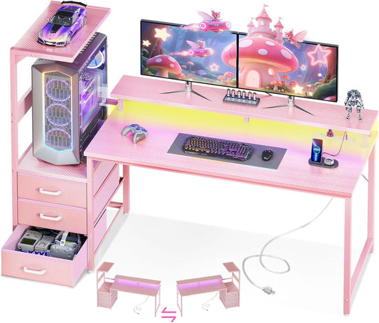 59 Inch Gaming Desk with USB Charging Ports & LED Light- Reversible Computer Desk with Storage Shelves & Monitor Stand, Modern Gamer Desk Table with Fabric Drawers, Pink