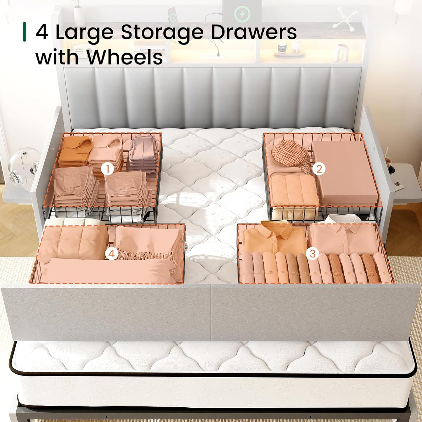 Queen Bed Frame with Headboard,4 Storage Drawers,And Built-In Adjustable Desk,Charging Station,Easy Assembly,No Box Spring Needed,Light Grey