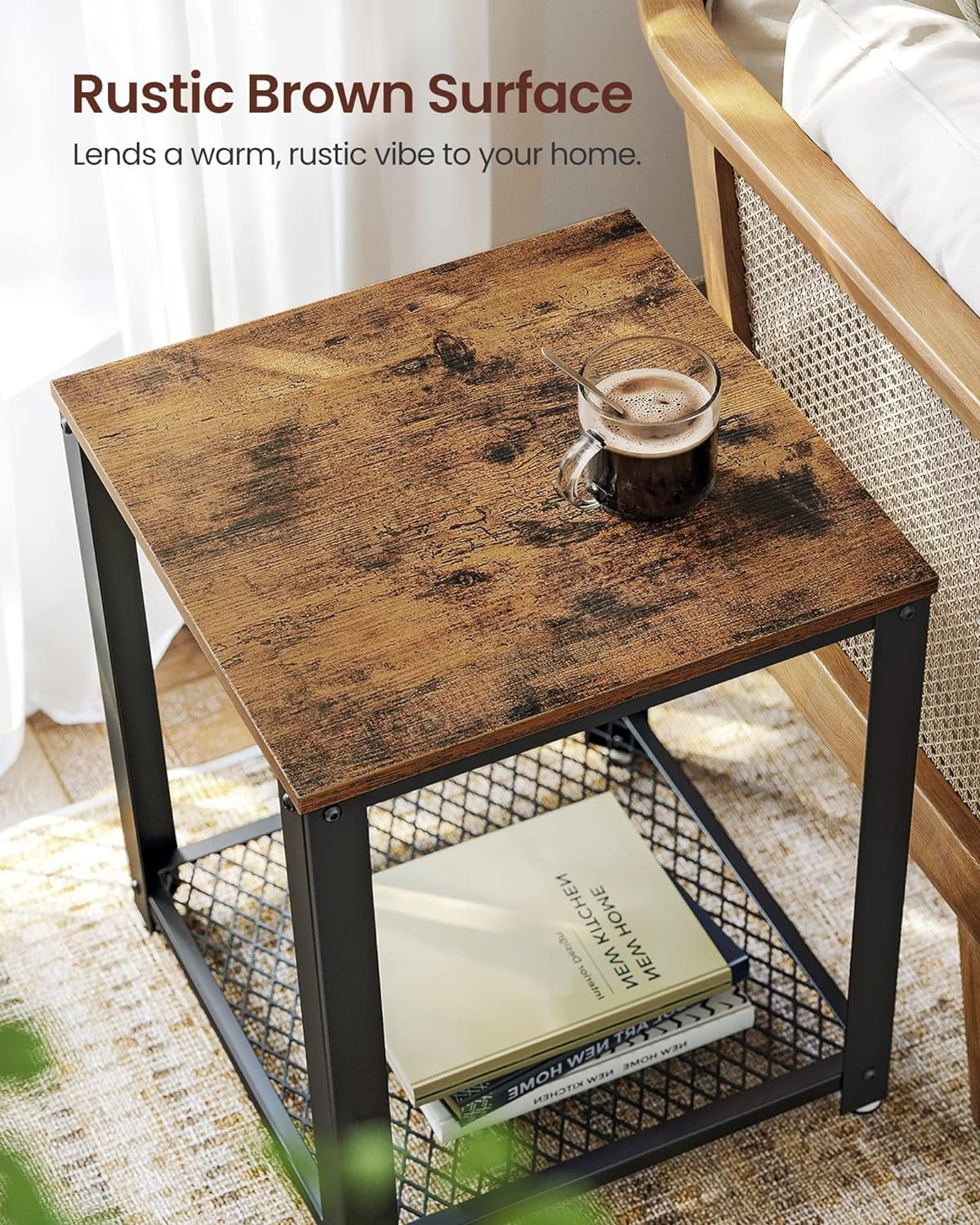 Side Table, 2-Tier Nightstand, End Table with Mesh Shelf, Steel Frame, Adjustable Feet, for Living Room, Bedroom, Industrial Style, Rustic Brown and Black ULET41X, 17.7 X 17.7 X 21.6 Inch