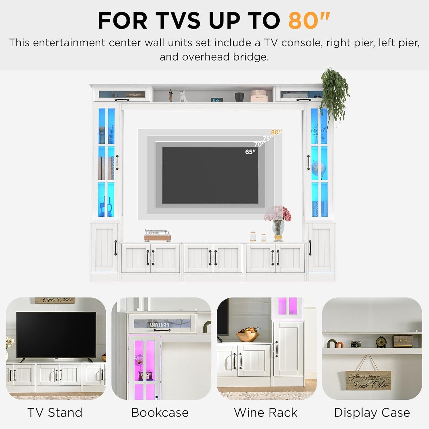 98" Wide Wall Unit TV Stand with Storage for Tvs up to 80", Large Modern TV Console Table with LED Lights, Entertainment Center with Bookshelves for Living Room, White